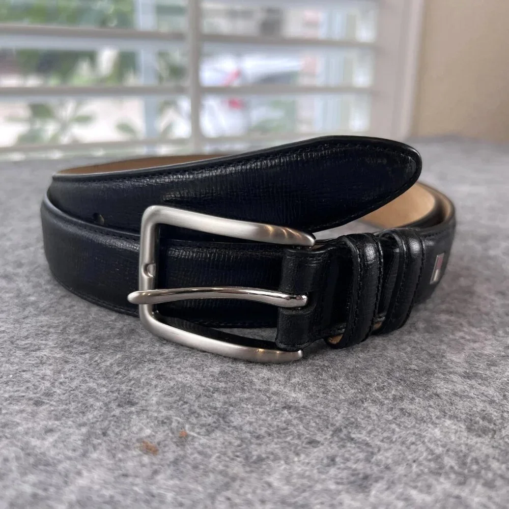 Tommy Hilfiger Mens Belt Black Leather Silver Buckle Dress Classic Formal Preppy